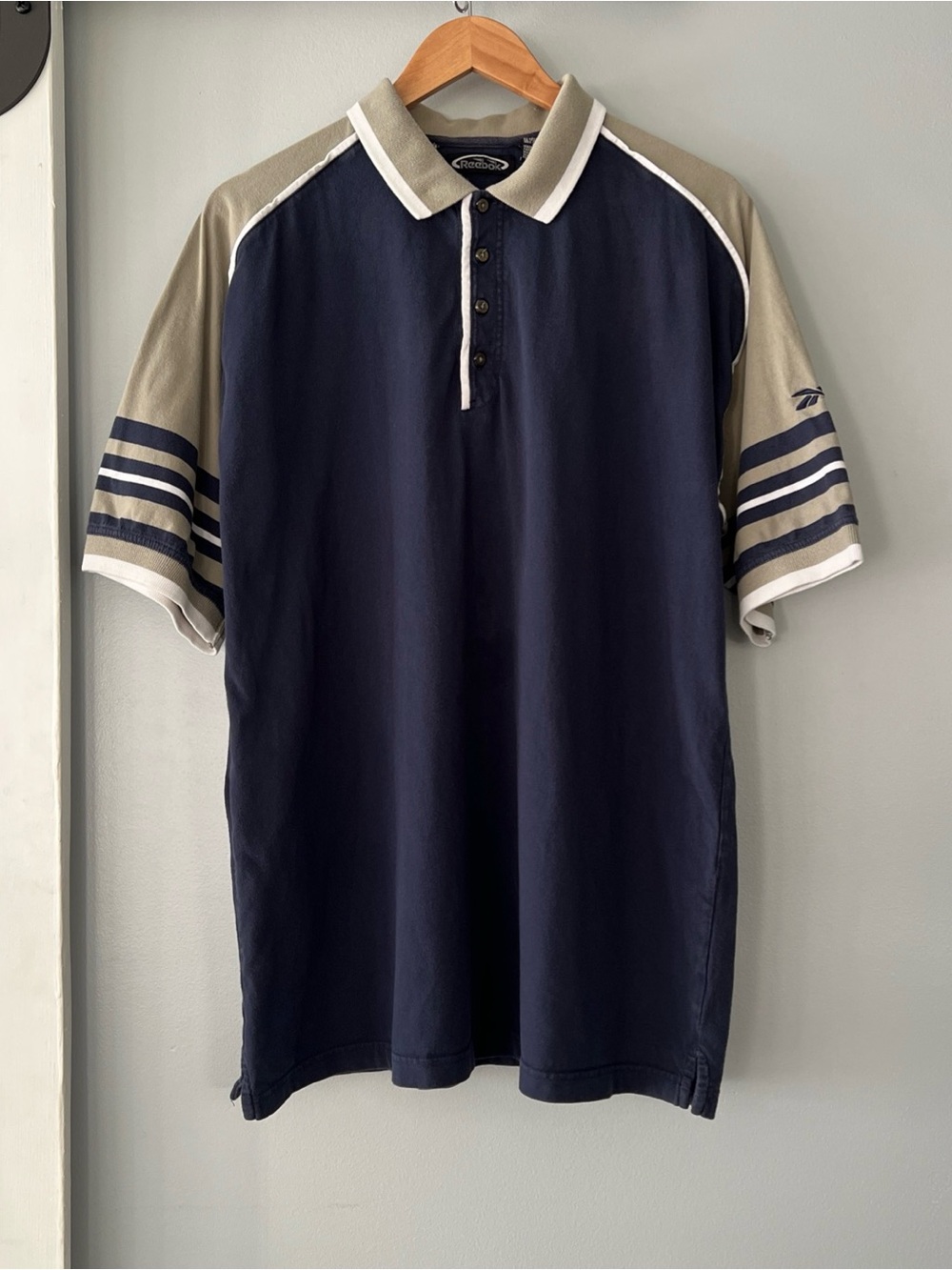 Vintage 90s Reebok Golf Short Sleeve Polo Shirt Men’s Large Navy/Tan White Trim